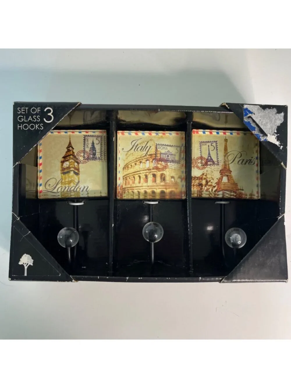 Studio 5 Decorative Glass Wall Hook Set 3 Vintage London Italy Paris New In Box